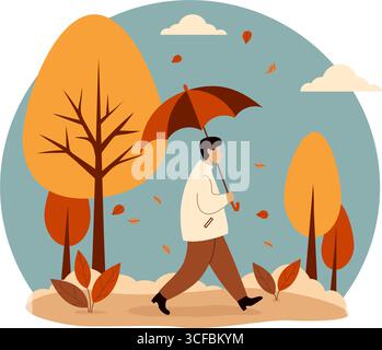 Automne jeune homme avec parapluie marchant sous les feuilles tombantes dans le parc d'automne. Paysage automnal avec des arbres colorés. Illustration vectorielle dans un style plat. N Illustration de Vecteur
