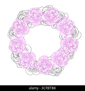 Tête de roses dessinées à la main couronne de cercle pour l'emballage, le poste de médias sociaux, la couverture, la bannière, le poste créatif et les arts muraux Croquis isolés de bourgeon de rose en noir Illustration de Vecteur