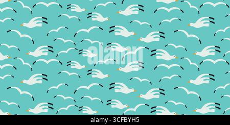 Motif sans couture avec mouettes blanches dessinées à la main en vol sur fond Turquoise. Dessin animé Doodle Bird design pour l'été, la plage, le tissu et l'emballage Illustration de Vecteur