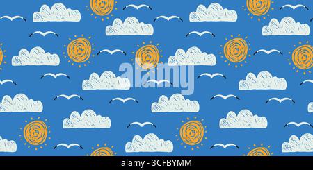 Motif sans couture dessiné à la main ludique avec nuages, soleils et oiseaux volants sur Blue Sky. Dessin animé de doodle d'été pour tissu d'enfants, papier d'emballage, et Illustration de Vecteur