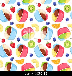 Modèle sans couture de cuillère à crème glacée dans une tasse de papier et des fruits frais sur fond blanc. Parfait pour les designs d'été et le papier peint de café. Illustration de Vecteur