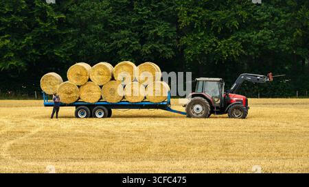 Tracteur et chargeur frontal stationnés dans le champ (vue latérale) et travail masculin (balles de paille ramassées chargées après récolte) - Farnley, North Yorkshire, Angleterre Royaume-Uni. Banque D'Images