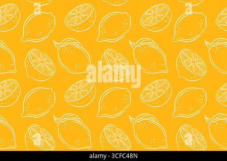 Motif de citron sans couture avec citron entier et tranché sur fond jaune dans le style art au trait. Parfait pour paquet d'été, papier peint de cuisine, textile et Illustration de Vecteur