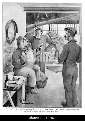 Un dessin animé amusant de la seconde Guerre mondiale représentant le personnage fictif populaire de soldat britannique, Old Bill, créé par le dessinateur Bruce Bairnsfather. Cette bande dessinée montre Old Bill représenté comme un ouvrier de munitions vêtu d'un costume de chaudière et mangeant un sandwich. Un de ses collègues lit un article de journal concernant le recrutement dans l'armée. Ci-dessous se trouve la légende, « je ne crois pas au service obligatoire, Yer sais, mate. Tout ce que je suis sez est, chacun devrait être fait pour servir de son propre libre arbitre ». Banque D'Images