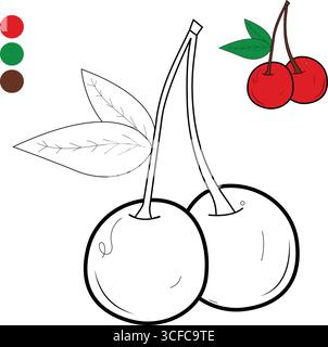 Illustration vectorielle détaillée de deux cerises suspendues à une tige avec des feuilles, conçue comme une page à colorier imprimable avec des conseils de couleur. Illustration de Vecteur