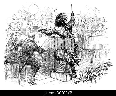 The Savage Club Entertainment, Royal Albert Hall : Mr. Eaton Faning dirige la Savage Dance, 1883. La musique, spécialement composée pour l'occasion, par MM. C. J. Hargitt, F. H. Cowen, et Eaton Faning, a été fournie... un groupe choisi de plus de trente "sauvages", dans le costume et la peinture de guerre des Indiens d'Amérique du Nord, a fourni un élément approprié de l'image sauvage barbare... de... [la danse du buffle] nous avons donné une illustration. En cela, nous avons été beaucoup aidés par les photographies de figures et de groupes uniques, prises instantanément par la lumière Van der Weyde. M.R. Van der Weyde, wh Banque D'Images