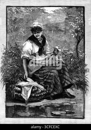 Heure du dîner : en attente des faucheurs, 1881. « Les faucheurs de la récolte anglaise de cette année, nous étions tous désolés de le savoir, ont attendu trop longtemps le soleil. Aux beaux jours tardifs, comme nous sommes heureux qu'ils aient enfin eu cette semaine, laissez-les poursuivre leur travail. Il ne fera pas de les faire attendre pour leur dîner à midi, dans la brève demi-heure de repos nécessaire. Voici une bonne jeune femme, la femme ou la fille de quelqu'un, ponctuellement "attendant les faucheuses", avec leur repas de midi de bienvenue. Ils l'ont bien mérité, sans aucun doute, par le travail diligent de leur matin dans le champ de maïs Banque D'Images