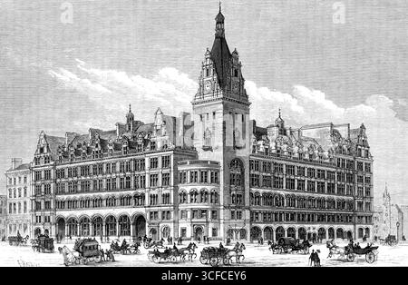 Le nouvel hôtel Central Station, Glasgow, 1883. 'Ce nouveau grand hôtel, en lien avec le chemin de fer calédonien, a été ouvert le mois dernier, sous la direction de Mr. Charles Lord... il est de grande taille, car il n'y a pas moins de 550 appartements dans le bâtiment, donnant l'hébergement pour plus de 420 invités, en plus de 170 employés et fonctionnaires. L'entrée principale est située au coin de Hope-Street et Gordon-Street... au même niveau que le hall d'entrée, ouvrant sur Hope-Street et à la gare, sont le fumoir public et salle à manger pour messieurs dans la ville... dans la moquette o Banque D'Images