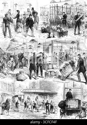 The Parcels Post - First Day : Sketches at the General Post Office, 1883. 'Envoi de colis ; tri divisionnaire ; salle d'expédition ; chargement de fourgonnettes ; ascenseur...social, la commodité commerciale et domestique... à une échelle très étendue, sera favorisée par cette excellente institution, qui est entrée en activité dans tout le Royaume-Uni mercredi... le premier jour de la poste des colis au General Post Office, dans les bureaux de poste du district de Londres, et dans six ou sept nouveaux bureaux spécialement établis pour ce travail dans différentes parties de Londres, a été une occasion intéressante... à l'arrivée, en th Banque D'Images