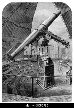 Le Grand télescope réfringent construit à Dublin pour l'Observatoire de Vienne, 1881. 'Le plus grand télescope réfringent du monde a été construit pour l'Observatoire de Vienne par M. Howard Grubb, dans sa célèbre manufacture d'instruments astronomiques, à Rathmines...nous donnons une illustration, tirée d'un dessin sépia de M. G. Browning...désireux de posséder le meilleur télescope qui pourrait être acheté, le gouvernement austro-hongrois a chargé Edward Weiss, maintenant directeur général de l'Observatoire de Vienne, de visiter tous les principaux observatoires et ateliers dans le monde. Banque D'Images