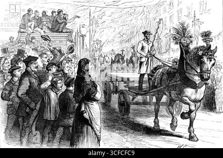 George Stephenson Centenary at Newcastle-on-Tyne : procession de chevaux de trait, waggons, etc, 1881. '...une procession monstre de chevaux de trait, gaiement caparisés, avec des charrettes et des camions, et des prix ont été décernés pour ceux qui ont le mieux soigné et décoré avec le plus de goût. Des prix ont également été remis par le maire pour le moteur de locomotive le mieux décoré dans le cortège de la gare centrale. Illustration publiée dans un supplément spécial pour célébrer le centenaire de la naissance de l'ingénieur civil et ingénieur mécanique britannique George Stephenson (1781-1848). Tiré de « Illustrated London News&qu Banque D'Images