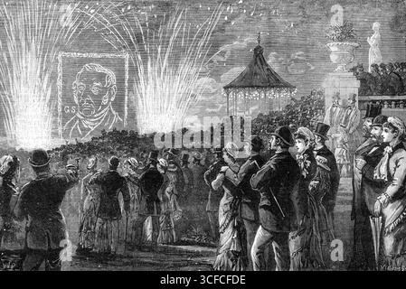 Festival du centenaire George Stephenson : feu d'artifice à Leazes Park, Newcastle-on-Tyne, 1881. Pyrotechnie avec un portrait de Stephenson. Illustration publiée dans un supplément spécial pour célébrer le centenaire de la naissance de l'ingénieur civil et ingénieur mécanique britannique George Stephenson (1781-1848). Tiré de "Illustrated London News", 1881. Banque D'Images
