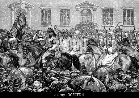 Commencement du Hull, Barnsley, and West Riding Railway and Dock : procession of Foresters and druids, 1881. La foule assiste à une procession dans la neige pour célébrer la construction d'une nouvelle ligne de chemin de fer. From Illustrated London News », 1881. Banque D'Images