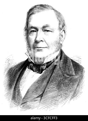 Feu Mr. J. J. Mechi, de Tiptree Hall, Essex, 1881. Ancien échevin de la City de Londres et '...un commerçant actif et un agriculteur enthousiaste...il a été permis, vers l'année 1827, de s'installer pour son propre compte dans une petite boutique à Leadenhall-Street. Au cours de quelques années, il réalise une belle fortune par le "Magic Razor-Strop" qui porte son nom, et établit une grande entreprise de coutellerie au détail dans la ville et Regent-Street. En 1840, après avoir étudié attentivement les défauts de l'agriculture anglaise, il décida de tenter d'améliorer l'agriculture. Il a acheté un Banque D'Images