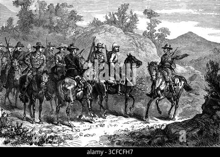 The Basuto War : Colonial Volunteers Reconnoitring - Return of the Scout, 1881. L'armée britannique à Basutoland, (Afrique du Sud). Des télégrammes du Cap confirment la nouvelle que les Boers du Transvaal se sont soulevés contre le gouvernement britannique et ont rétabli une forme de gouvernement républicain, après avoir occupé la ville de Heidelberg. Le douloureux rapport du Cap qui est parvenu au pays jeudi a été pleinement confirmé. Une dépêche télégraphique officielle reçue au Colonial Office indique que le quartier général et deux cent cinquante hommes du 94th Foot étaient Banque D'Images