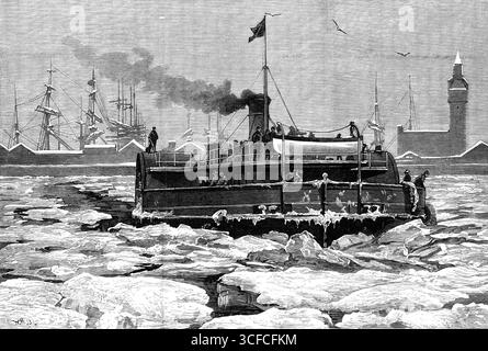 Liverpool pendant le gel : difficultés du trafic de Mersey Ferry, 1881. « Plusieurs des croquis présentés cette semaine montrent les scènes inhabituelles qui devaient être observées à Liverpool, pendant quelques jours du gel sévère tardif. D'immenses quantités de glace flottante ont été amenées sur la rivière Mersey par le reflux des marées printanières élevées. Les bateaux à vapeur Birkenhead, bien que de taille et de puissance considérables, ont eu beaucoup de difficulté, parfois, à traverser la rivière ; tandis que le service Rock Ferry et Tranmere a été plus d'une fois arrêté. Un grand nombre de goélands de mer ont été forcés par manque de nourriture à monter Banque D'Images