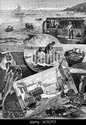 Nos industries de la pêche : pêche au crabe chez les produits Goran, Mcvagissev Bay, Cornwall, 1883. « 1. Crabère fabriquant des pots ou pièges bis. 2. Bateau de crabère, avec poisson plat pour appât. 3. Archange et rayon, à couper pour appât. 4. Pots à crabe, avec sangle et bouées. 5. Couler les pots de crabe par-dessus bord. 6. Homard et crabe gigantesques. 7. Bateaux qui vont vendre les crabes à Southampton collecte smack. 8. Travail du sol des crabiers de Cornouailles. 9. Araignée-crabe ou gabbery... les pots de crabe sont faits de pousses jeunes et souples du saule... les pots de homard sont faits de la même manière... les pots sont appâtés avec des morceaux de poisson coupé... th Banque D'Images
