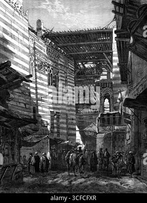 La crise tardive en Egypte : la Gourieh, une rue du Caire, 1881. "La crise, bien qu'apparemment dangereuse, a été courte ; et bien que le gouvernement du pays n'ait pas été interrompu un seul jour, il y a un sentiment de soulagement que l'autorité du Khédive ait été rétablie". Tiré de "Illustrated London News", 1881. Banque D'Images