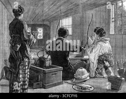 Une maison de tir à l'arc japonaise à Jeddo, 1881. 'M. Joseph Bell, notre artiste spécial... a visité l'un des lieux habitués de loisirs pour les indigènes de la classe tranquille et élégante. C'est une maison de thé, construite en bois mince et en papier au milieu d'un bosquet ou d'un jardin, et simplement meublée, avec quelques nattes et tabourets, et avec une petite boîte à charbon de bois pour garder la bouilloire toujours bouillante : juste le plus bel endroit qui peut être conçu pour se prélasser par un après-midi chaud d'été. Le genre spécial de diversion qui est offert aux dames et messieurs... est une petite pratique de tir à l'arc doux... voici deux J Banque D'Images