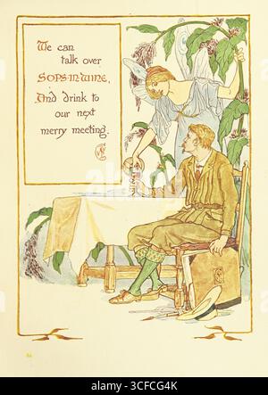 Nous pouvons parler de SOPS-in-Wine, et boire à notre prochaine réunion joyeuse, 1899. Plante personnifiée comme une fée ou un sprite, et un autoportrait de Walter Crane, illustration d'un livre pour enfants. Page 95 tirée de "A Floral Fantasy in an Old English Garden. Exposé dans versets &amp ; dessins colorés", écrit et illustré par Walter Crane, [1899]. Banque D'Images