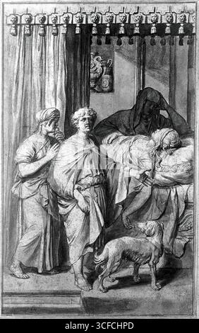 Une femme malade, mourante ou morte allongée sur un lit en présence de trois personnages, c1700. Banque D'Images