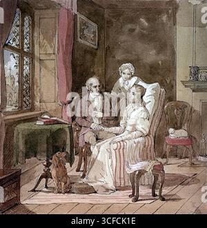 Un médecin prenant la main d'une patiente malade, sa mère est debout près d'eux, c1850. Banque D'Images