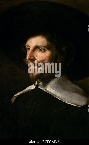 Portrait d'un homme dans un chapeau, c1630-1635. Informations complémentaires : le portrait représente un jeune homme avec un visage maigre, des yeux vifs et gris et un sourire doux, des cheveux rougeâtres, une barbe courte et une moustache avec les extrémités tournées vers le haut. L'homme porte un jerkin foncé, garni au cou d'un col plat et blanc. Sur sa tête, il porte un chapeau à larges bords qui éclipse la partie droite de son visage. Banque D'Images