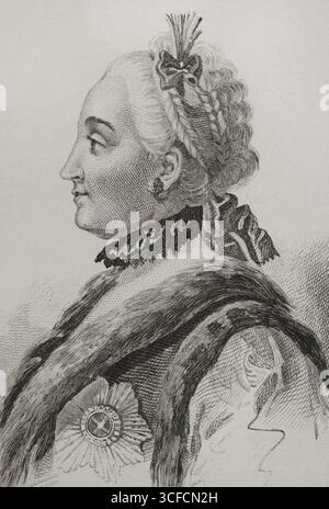 Catherine la Grande, 1839 ans. Catherine II (1729-1796) fut impératrice de Rusie de 1762 jusqu'à sa mort. Extrait de "histoire de la Russie" de Jean Marie Chopin (1796-1870), "Panorama Universal", édition espagnole, 1839. Banque D'Images