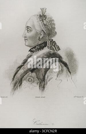 Catherine la Grande, 1839 ans. Catherine II (1729-1796) fut impératrice de Rusie de 1762 jusqu'à sa mort. Extrait de "histoire de la Russie" de Jean Marie Chopin (1796-1870), "Panorama Universal", édition espagnole, 1839. Banque D'Images