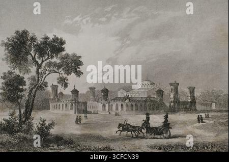 Palais Petrovsky, Moscou, Russie, 1839. Le Palais Petrovsky ou Palais Petroff, construit pour Catherine la Grande, a été conçu par l'architecte russe Matvey Kazakov de 1775 à 1782. Extrait de "histoire de la Russie" de Jean Marie Chopin (1796-1870), "Panorama Universal", édition espagnole, 1839. Banque D'Images