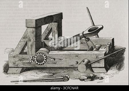 La catapulte - machine de siège, XIXe siècle. Machine de siège utilisée pour lancer des objets à distance comme projectiles. Les premières catapultes datent au moins du VIIe siècle av. J.-C.. Extrait de "Historia General de Espa&#xf1;a" du Père Mariana, Madrid, 1852. Banque D'Images
