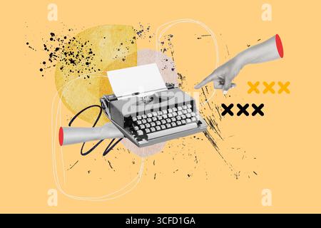 Collage d'une machine à écrire vintage avec une feuille de papier et deux mains pointant sur un fond orange Banque D'Images