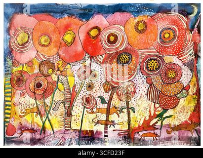 Peinture abstraite de fleurs vibrantes avec des motifs tourbillonnants et des couleurs vives. Banque D'Images