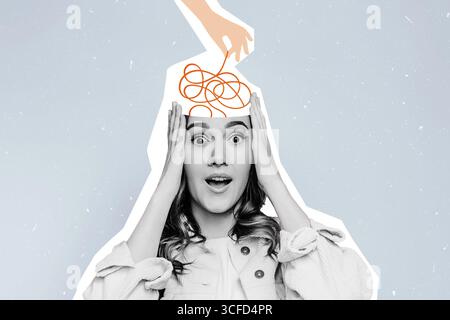 Œuvres d'art contemporaines. Pensées enchevêtrées. fille choquée tenant sa tête. la main démêle un enchevêtrement de pensées. Psychologie art conceptuel Banque D'Images