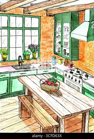 Ce croquis coloré vectorisé représente une cuisine rustique confortable avec des armoires vertes, des murs de briques, des poutres en bois, une grande fenêtre avec des plantes, un évier, un poêle, un Illustration de Vecteur