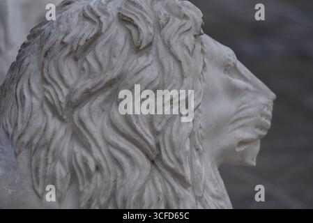 Tête de lion en marbre fabriquée à la main à l'entrée de la cathédrale métropolitaine d'Athènes en Grèce. Banque D'Images