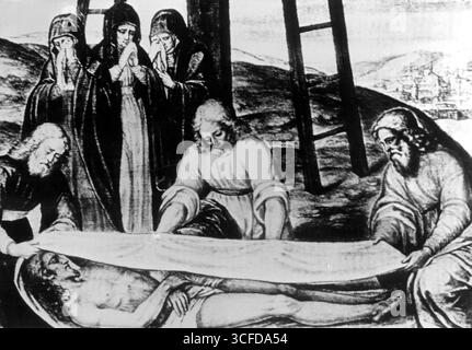 Le Suaire de Turin. Cet artiste du XVIe siècle Clouio (Ceouio ou Ceauio) a montré comment le corps était posé dans le tissu. Le Suaire de Turin est le sindon ou Suaire funéraire, qui est pensé pour avoir été utilisé pour envelopper le corps de Jésus après sa mort. Il a une image humaine préservée sur elle qui est pensé pour être l'image du Christ lui-même. L'enveloppe est décrite comme étant une feuille de lin pâle mesurant 4,34 mètres (14 pieds 3 pouces) de longueur et 1,09 mètres (3 pieds 7 pouces) de largeur. Sa première histoire confirmée a été quand il a été exposé en 1353 à Lirey en France par son propriétaire Geoffrey de Banque D'Images