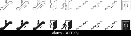Escalator, porte, escaliers et icônes de direction de l'ascenseur. Symboles de navigation et de mouvement pour les espaces publics. Signalisation d'accessibilité et d'orientation Illustration de Vecteur