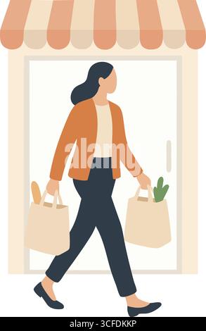 Une femme porte des sacs réutilisables tout en passant devant une devanture avec un auvent rayé, montrant des achats respectueux de l'environnement. Illustration de Vecteur
