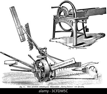 Machine à hacher pour hacher à la main, manivelle, nouvelle balance à ressort auto-obturante brevetée par Horasby, inscription, The Spring Balance Self Raker, Hay har Banque D'Images