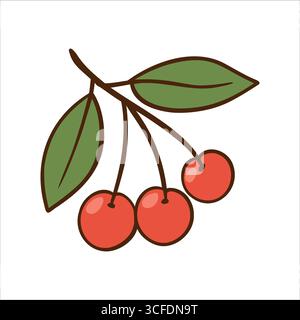Une branche avec trois cerises rouges et deux feuilles vertes. Les cerises sont rondes et brillantes, mettant en valeur leur couleur vibrante sur un fond simple Illustration de Vecteur