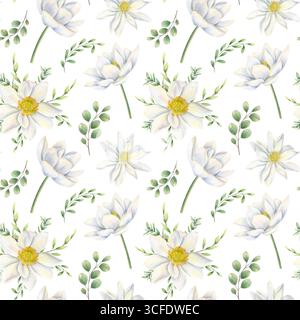 Motif aquarelle sans couture de fleurs blanches et de branches d'eucalyptus sur fond isolé. Illustration d'ornement de lotus fleuri et de feuilles vertes Banque D'Images