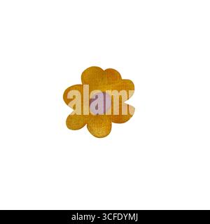 Illustration aquarelle d'une fleur stylisée avec un centre rose et des pétales jaunes sur fond blanc. Ce design vibrant et gai combine b Banque D'Images