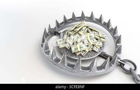 Piège à ours en métal 3d contenant une pile de billets d'un dollar Banque D'Images