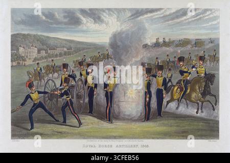 Vue générale d'une armée britannique Royal Horse Artillery Angleterre 1843 aquatinte colorée à la main photo de John Grant d'après Thomas H Jones art perspective historique vintage, soldats du XIXe siècle. Une scène militaire vibrante représente des soldats régimentaires portant des uniformes brillants effectuant des exercices d'artillerie sur un terrain, avec de la fumée qui jaillit d'un canon. Banque D'Images