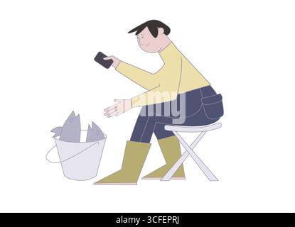Un homme pêchant. Illustration en style dessin au trait. Tourisme, passe-temps, pêcheur et pêche Illustration de Vecteur