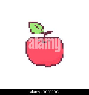 Icône de pomme pixel mosaïque dans le style rétro pixel art avec nuance rouge vif et dessus de feuille verte Illustration de Vecteur