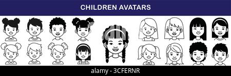 Avatars pour enfants mignons, personnages de dessins animés pour profils enfants et comptes de médias sociaux disponibles maintenant Illustration de Vecteur