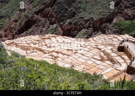 Cusco, Pérou - 15 mars 2025 : les étangs salants de Maras descendent une colline en terrasses dans la Vallée sacrée du Pérou. Banque D'Images