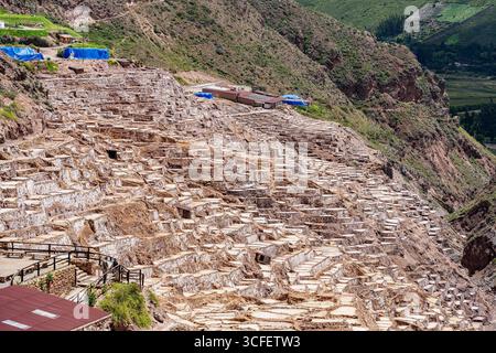 Cusco, Pérou - 15 mars 2025 : les étangs salants de Maras descendent une colline en terrasses dans la Vallée sacrée du Pérou. Banque D'Images